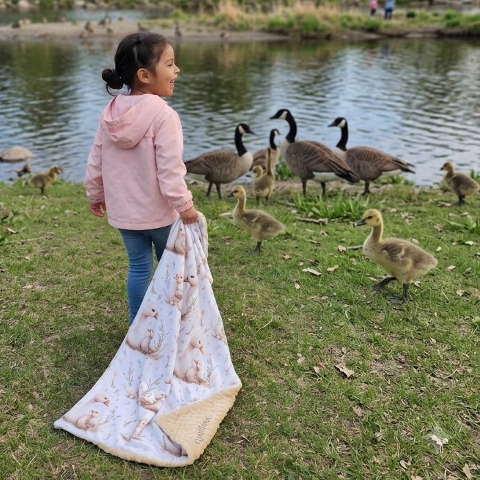 A young girl in a pink hoodie and blue jeans stands on a grassy lakeside holding up a light blue blanket with a bear print, surrounded by geese and goslings in a park.