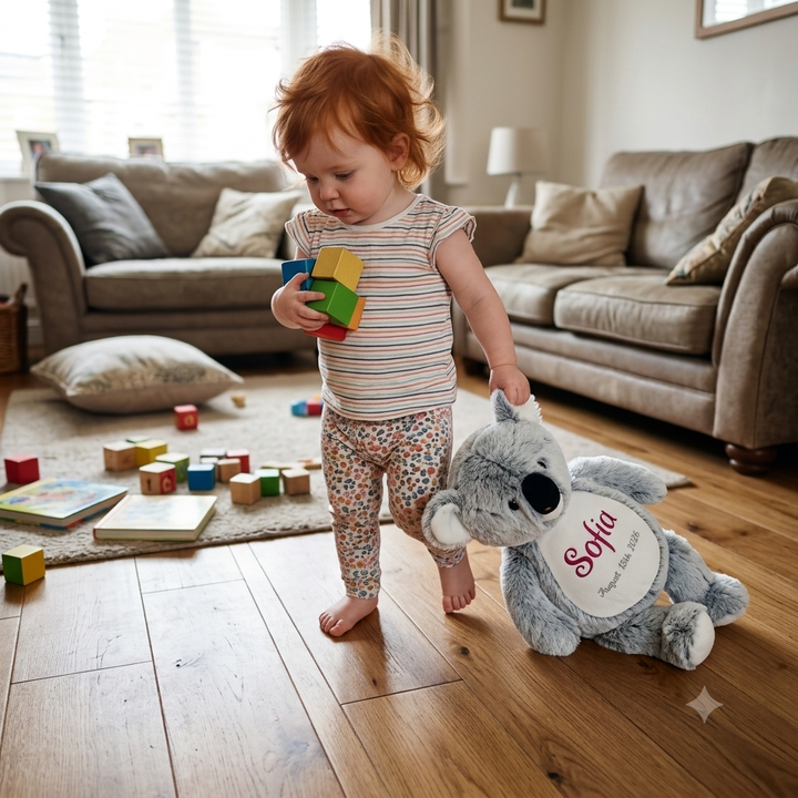 A toddler with red hair stands on a wooden floor in a living room, holding a gray koala plush toy with a white belly patch that reads 'Sofia'. The child is wearing a striped sleeveless top and patterned leggings, with toys scattered on a rug and sofas in the background.