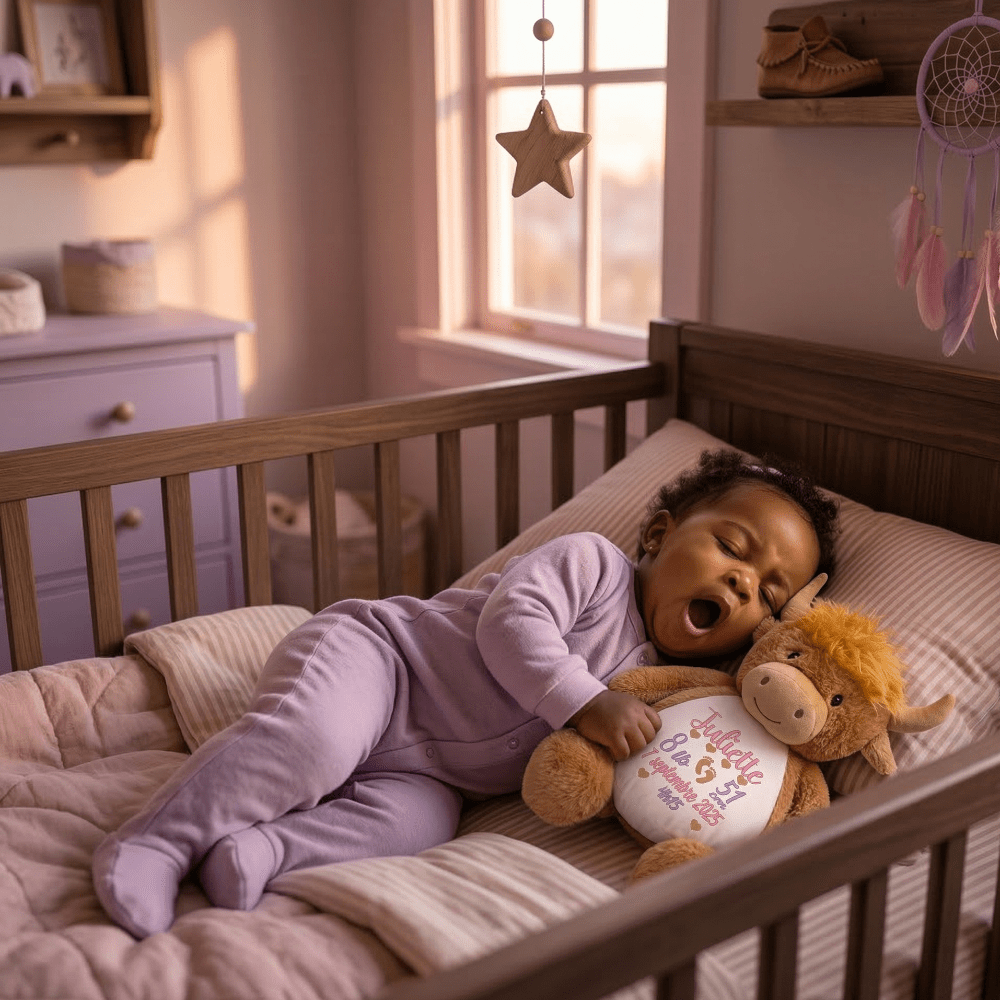baby sleeping with highland cow plush